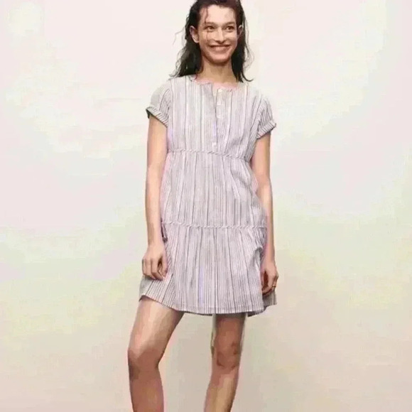 Madewell Striped Crewneck Button Front Tiered Mini Dress Size Medium - Picture 3 of 11